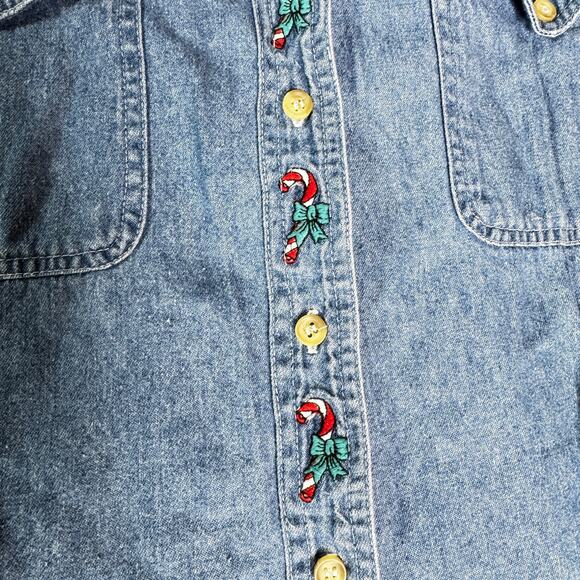 Vintage Christmas Women's sz Large/XL Denim Shirt Candy Cane Embroidery LS - Picture 4 of 7